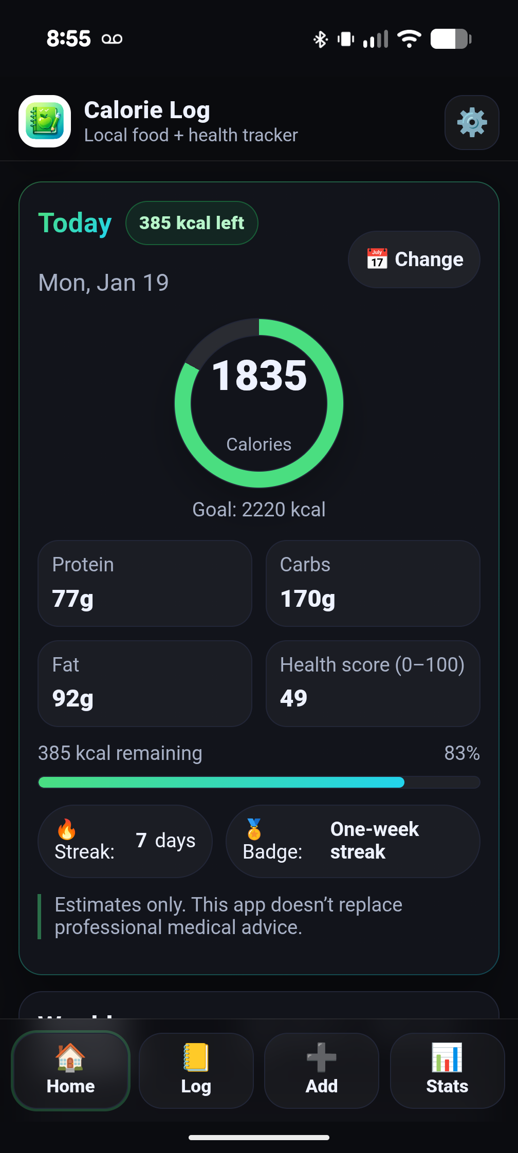 Calorie Log dashboard with daily calories, macros and recent meals