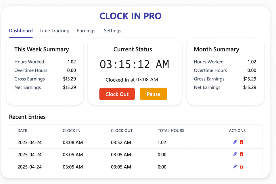 Clock In Pro dashboard and work-hours tracking screens