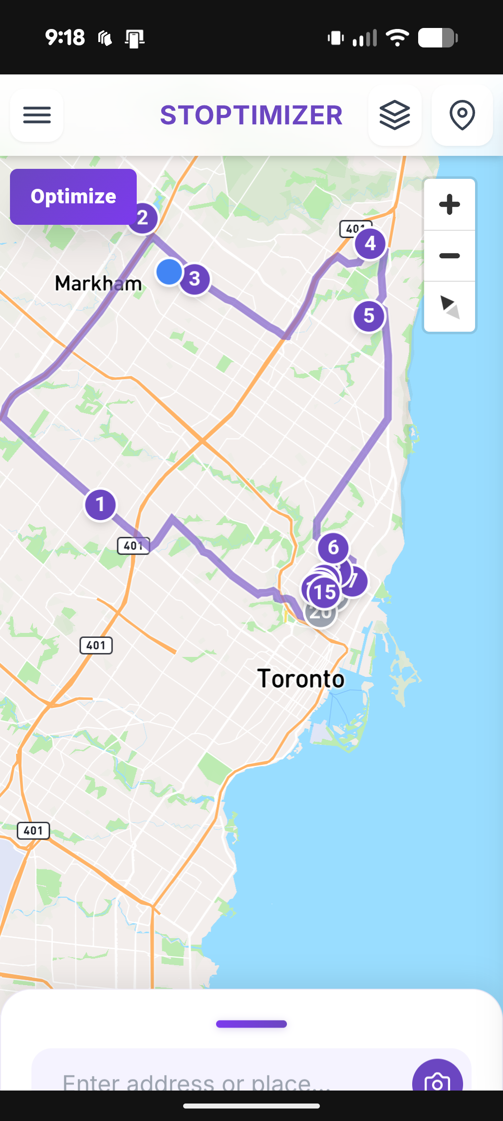 Stoptimizer route planning screen with stops and a map